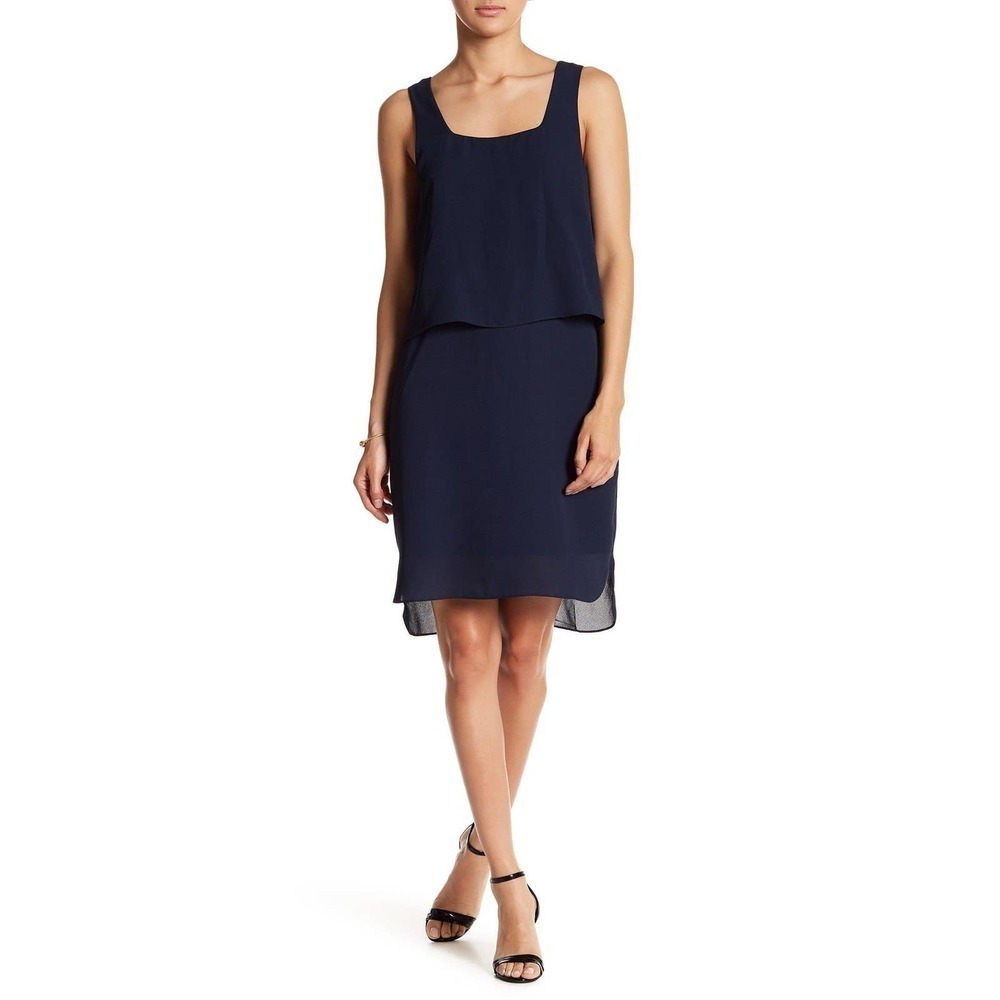H By Bordeaux Layered Sleeveless Navy Blue Chiffon Cocktail Evening Dress Small